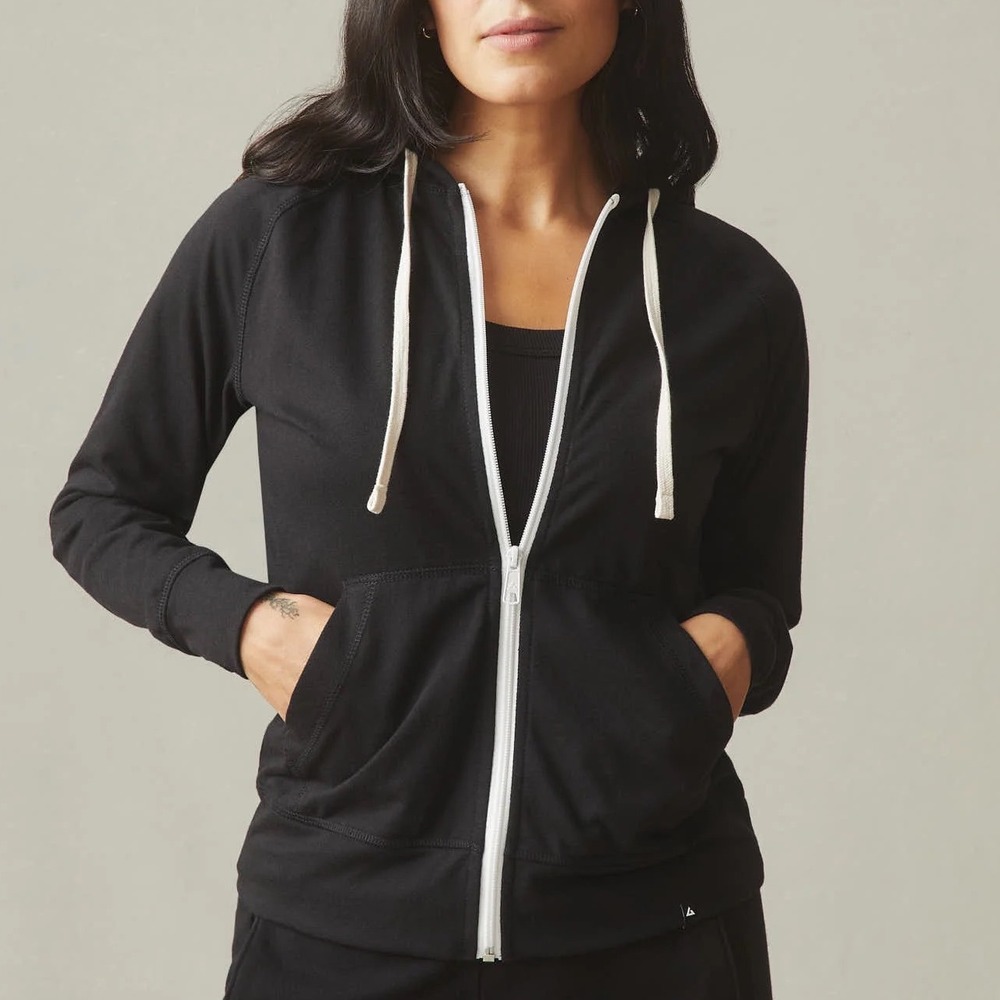 American Giant Black Zip Hoodie with White Drawstrings XL